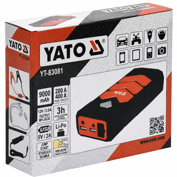 Пускова батарея Li-Pol 9 Агод YATO 200/400 А, вихід: 12 В, 3,5 А, через USB: 5В, 2А YT-83081 фото