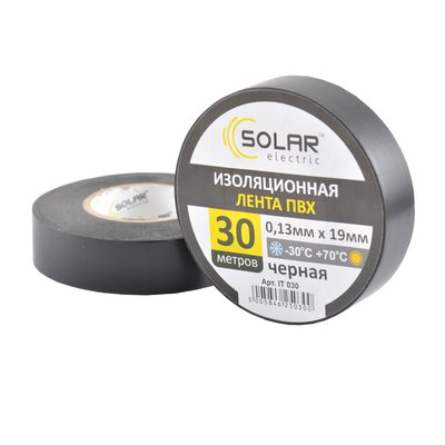 Стрічка ізоляційна ПВХ SOLAR IT030, 30 м, 0.13x 19 мм, чорна IT030 фото